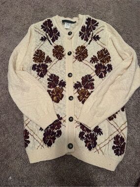 Cream Floral Knit Button-Up Sweater Cardigan